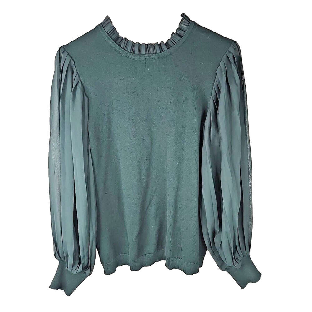 Adrianna Papell Women's Dark Green Sheer Puffer Sleeve Sweater Size Small